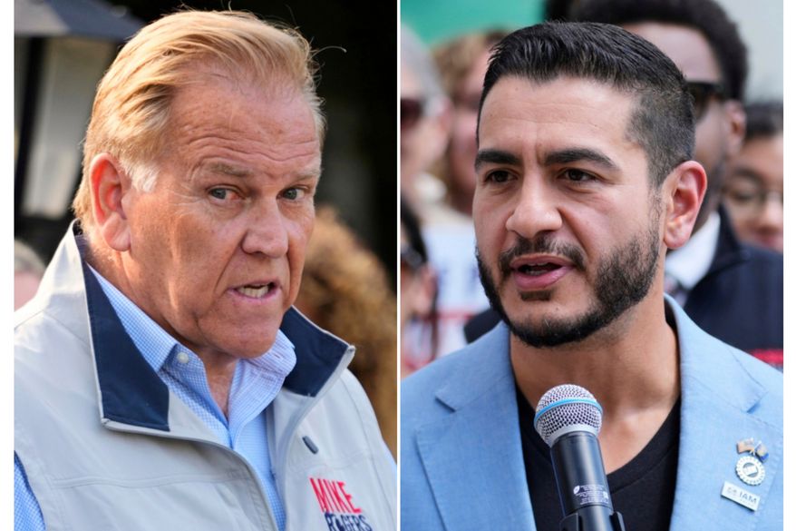 This combination photo of images taken in Detroit shows Senate nominees Republican Mike Rogers, Aug. 20, 2026, left, and Democrat Abdul El-Sayed, Aug. 19, 2026. (AP Photos/Paul Sancya)