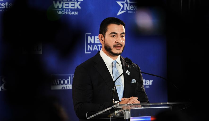 Democratic nominee for U.S. Senate Abdul El-Sayed, talks to the media after a televised debate with Republican nominee for U.S. Senate Mike Rogers at WOOD-TV, on Thursday, Oct. 8, 2026, in Grand Rapids, Mich. (AP Photo/Paul Sancya)