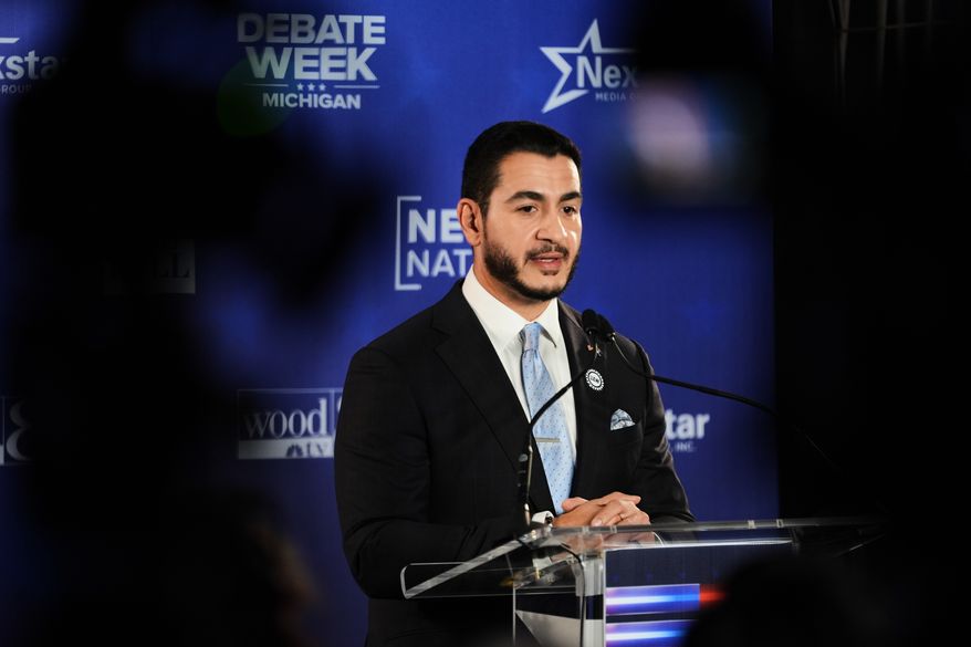 Democratic nominee for U.S. Senate Abdul El-Sayed, talks to the media after a televised debate with Republican nominee for U.S. Senate Mike Rogers at WOOD-TV, on Thursday, Oct. 8, 2026, in Grand Rapids, Mich. (AP Photo/Paul Sancya)