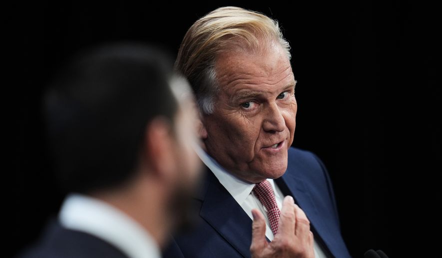 Republican nominee for U.S. Senate Mike Rogers, right, responds to Democratic nominee for U.S. Senate Abdul El-Sayed, during a televised debate at WOOD-TV, on Thursday, Oct. 8, 2026, in Grand Rapids, Mich. (AP Photo/Paul Sancya, Pool)