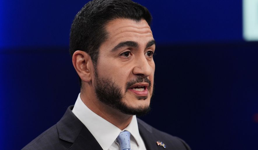 Democratic nominee for U.S. Senate Abdul El-Sayed, talks during a televised debate with Republican nominee for U.S. Senate Mike Rogers at WOOD-TV, on Thursday, Oct. 8, 2026, in Grand Rapids, Mich. (AP Photo/Paul Sancya, Pool)