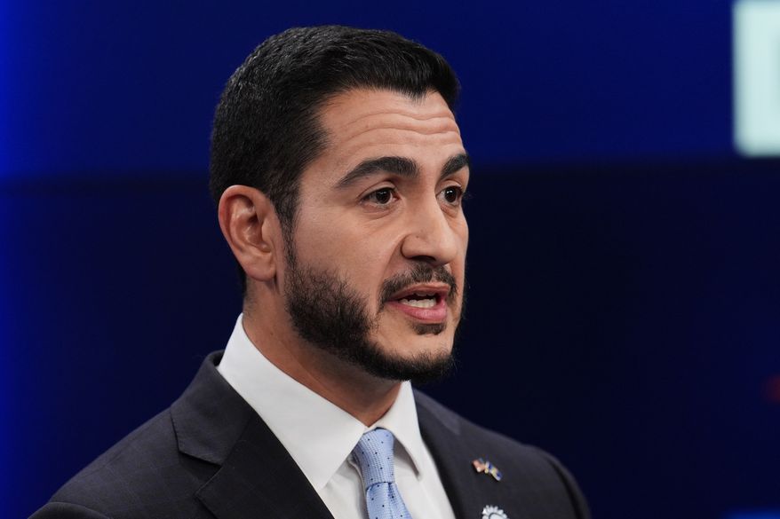 Democratic nominee for U.S. Senate Abdul El-Sayed, talks during a televised debate with Republican nominee for U.S. Senate Mike Rogers at WOOD-TV, on Thursday, Oct. 8, 2026, in Grand Rapids, Mich. (AP Photo/Paul Sancya, Pool)