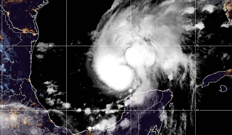 This satellite image from the National Oceanic and Atmospheric Administration shows Hurricane Isaias in the Gulf of Mexico, Thursday, Oct. 8, 2026. (National Oceanic and Atmospheric Administration via AP)