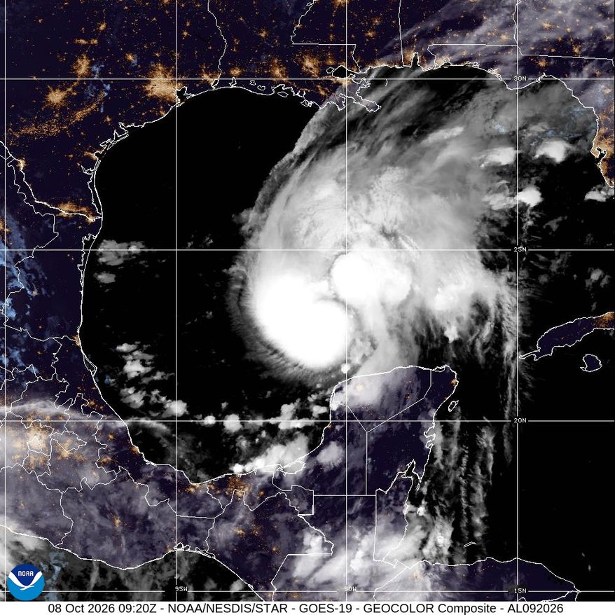 This satellite image from the National Oceanic and Atmospheric Administration shows Hurricane Isaias in the Gulf of Mexico, Thursday, Oct. 8, 2026. (National Oceanic and Atmospheric Administration via AP)