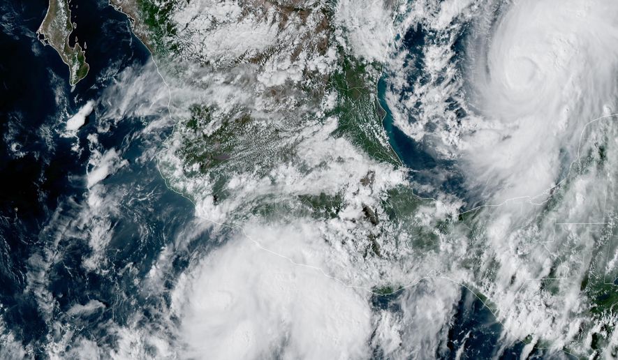 This GOES-19 GeoColor satellite image provided by the National Oceanic and Atmospheric Administration (NOAA) and taken at 4:57 p.m. EDT, Wednesday, Oct. 7, 2026, shows Tropical Storm Simon, bottom center, in the Pacific Ocean, off the southwestern coast of Mexico, and Tropical Storm Isaias, upper right, east of Mexico in the Gulf of Mexico. (NOAA via AP)