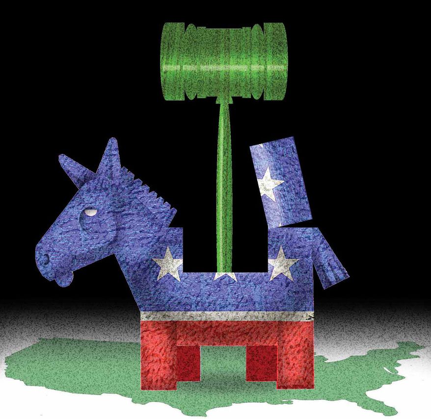 Democrats, green energy and the courts illustration by Alexander Hunter/The Washington Times