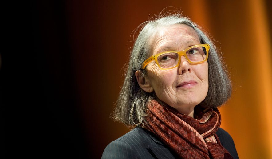 Canadian poet Anne Carson, winner of the 2026 Nobel Prize in Literature, performs her work "Antigonick" at the Moderna Museet art gallery in Stockholm, Sweden, Aug. 5, 2025. (Pontus Lundahl/TT News Agency via AP)