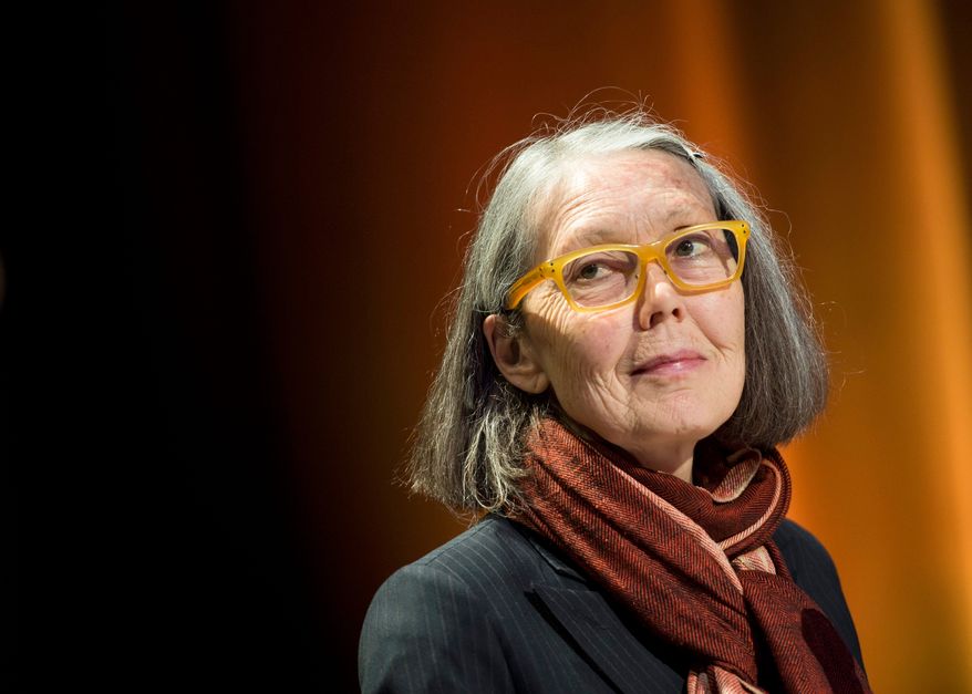 Canadian poet Anne Carson, winner of the 2026 Nobel Prize in Literature, performs her work "Antigonick" at the Moderna Museet art gallery in Stockholm, Sweden, Aug. 5, 2025. (Pontus Lundahl/TT News Agency via AP)