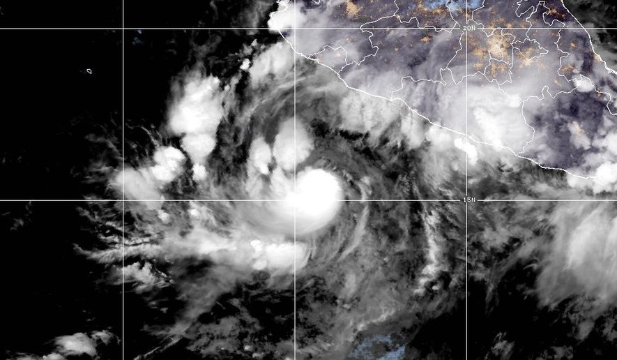 This satellite image provided by the National Oceanic and Atmospheric Administration, or NOAA shows Hurrican Simon in the Pacific on Friday, Oct. 9, 2026. (National Oceanic and Atmospheric Administration via AP)