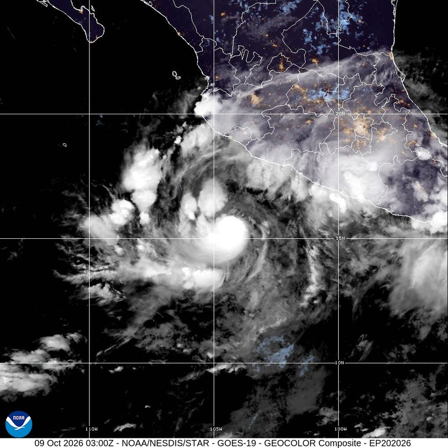 This satellite image provided by the National Oceanic and Atmospheric Administration, or NOAA shows Hurrican Simon in the Pacific on Friday, Oct. 9, 2026. (National Oceanic and Atmospheric Administration via AP)
