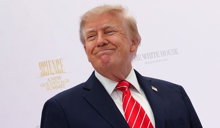 President Donald Trump arrives to speak during an event at the U.S. Institute of Peace, Thursday, Oct. 8, 2026, in Washington. (AP Photo/Julia Demaree Nikhinson)