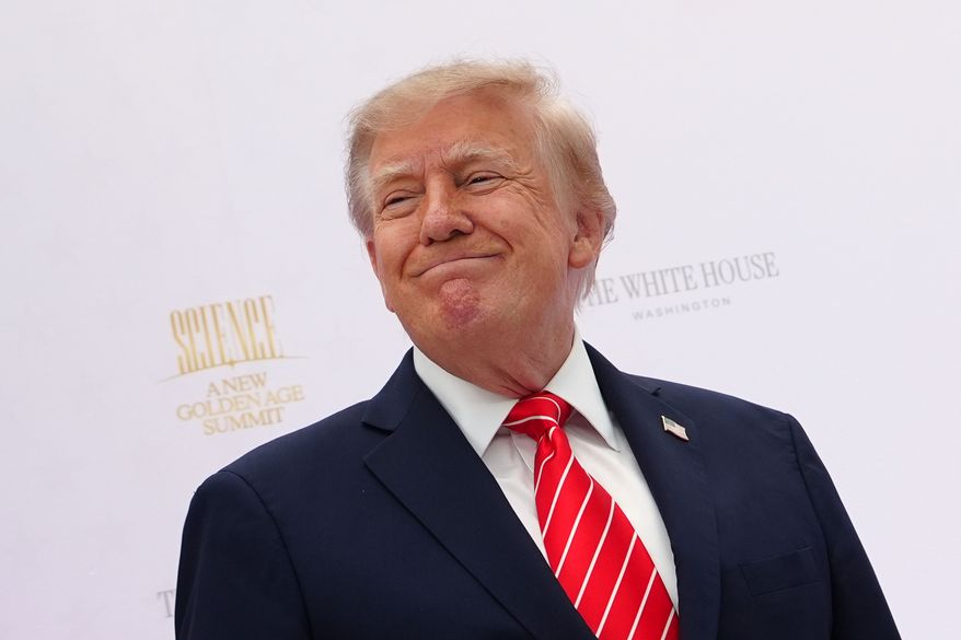 President Donald Trump arrives to speak during an event at the U.S. Institute of Peace, Thursday, Oct. 8, 2026, in Washington. (AP Photo/Julia Demaree Nikhinson)