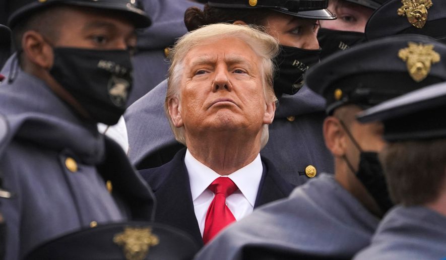FILE - Surrounded by Army cadets, President Donald Trump watches the first half of the 121st Army-Navy Football Game, Dec. 12, 2020, in West Point, N.Y. (AP Photo/Andrew Harnik, File)