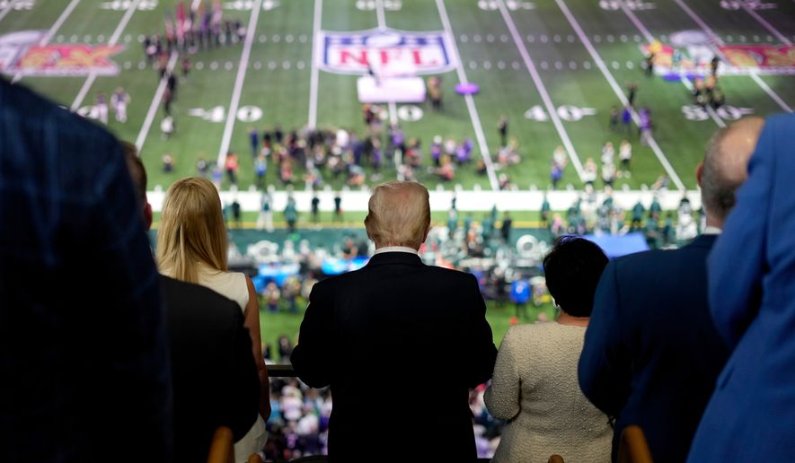President Donald Trump, center, attends the NFL Super Bowl 59 football game between the Philadelphia Eagles and the Kansas City Chiefs, Feb. 9, 2025, in New Orleans. (AP Photo/Ben Curtis, File)
