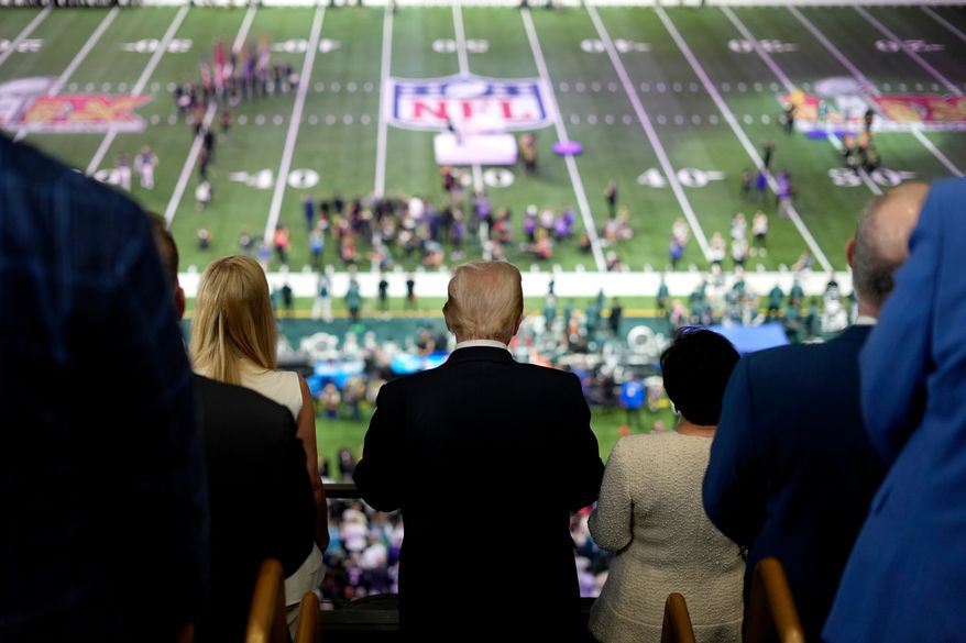 President Donald Trump, center, attends the NFL Super Bowl 59 football game between the Philadelphia Eagles and the Kansas City Chiefs, Feb. 9, 2025, in New Orleans. (AP Photo/Ben Curtis, File)