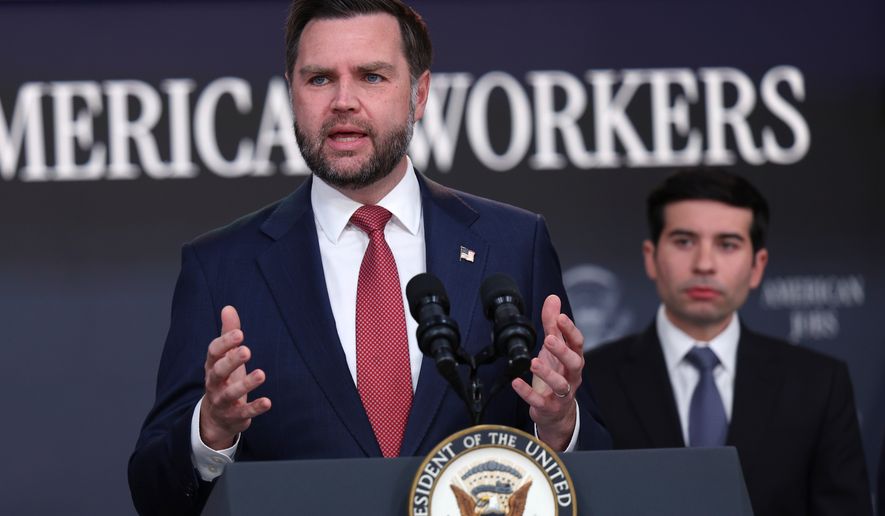 Vice President JD Vance speaks as Labor Secretary Keith Sonderling listens during a news conference on the Fraud Task Force inside the Eisenhower Executive Office Building on the White House campus, Thursday, Oct. 8, 2026, in Washington. (AP Photo/Tom Brenner)