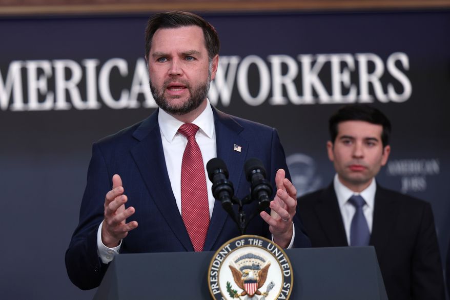 Vice President JD Vance speaks as Labor Secretary Keith Sonderling listens during a news conference on the Fraud Task Force inside the Eisenhower Executive Office Building on the White House campus, Thursday, Oct. 8, 2026, in Washington. (AP Photo/Tom Brenner)