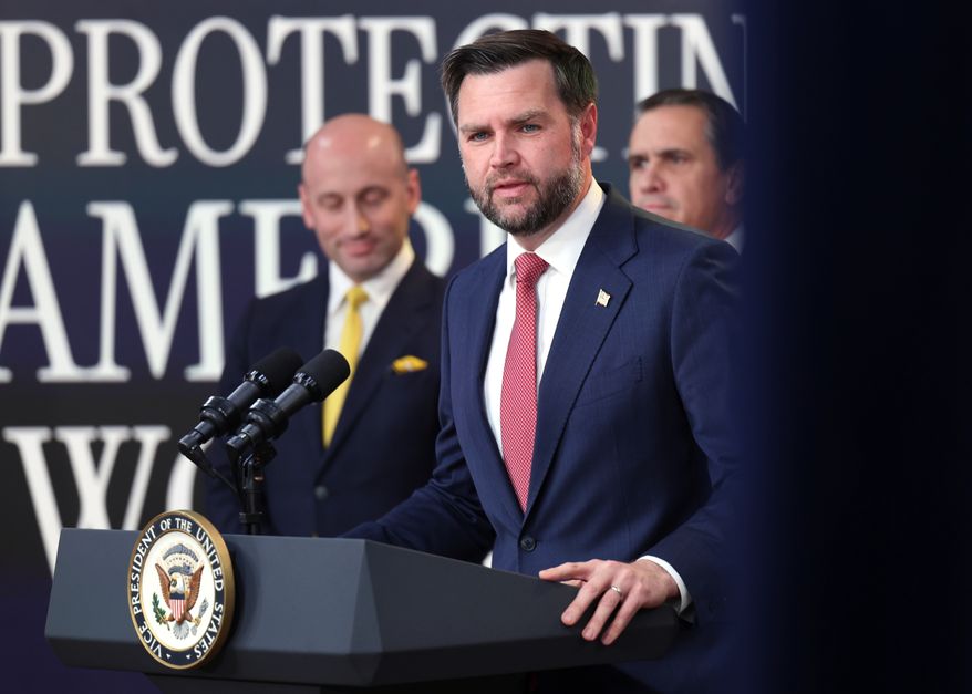 Vice President JD Vance speaks during a news conference on the Fraud Task Force inside the Eisenhower Executive Office Building on the White House campus, Thursday, Oct. 8, 2026, in Washington. (AP Photo/Tom Brenner)