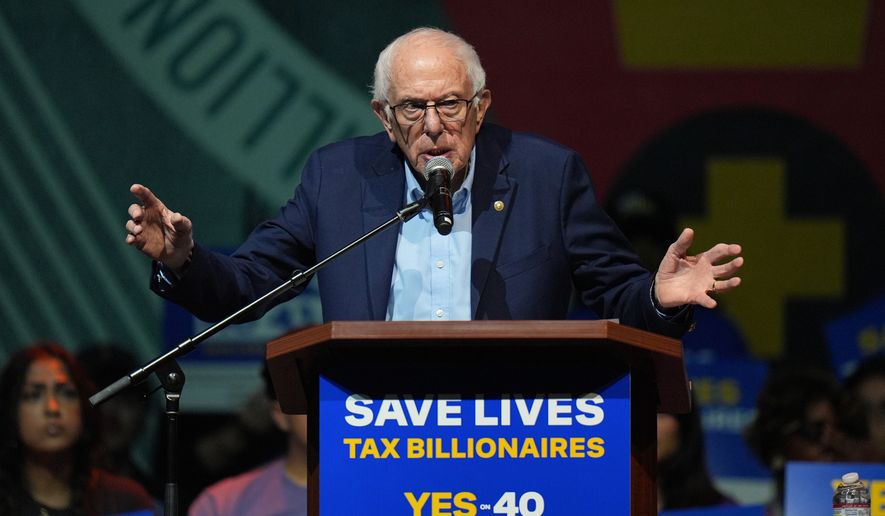 Sen. Bernie Sanders, I-Vt., speaks during a campaign rally in support of California Proposition 40, known as the billionaire tax, in Los Angeles, Monday, Oct. 5, 2026. (AP Photo/Jae C. Hong)