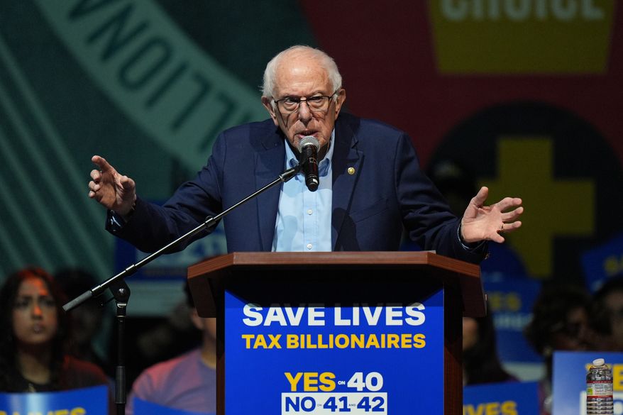 Sen. Bernie Sanders, I-Vt., speaks during a campaign rally in support of California Proposition 40, known as the billionaire tax, in Los Angeles, Monday, Oct. 5, 2026. (AP Photo/Jae C. Hong)