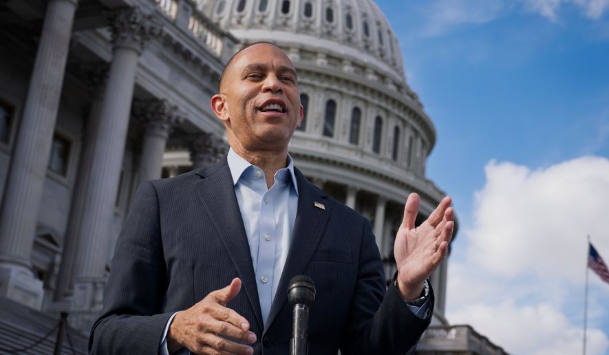 House Democratic Leader Hakeem Jeffries of New York speaks during a news conference at the Capitol in Washington on Wednesday, Sept. 30, 2026. (AP Photo/J. Scott Applewhite) **FILE**
