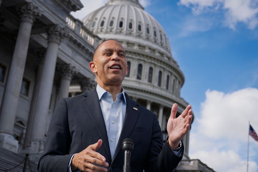 House Democratic Leader Hakeem Jeffries of New York speaks during a news conference at the Capitol in Washington on Wednesday, Sept. 30, 2026. (AP Photo/J. Scott Applewhite) **FILE**