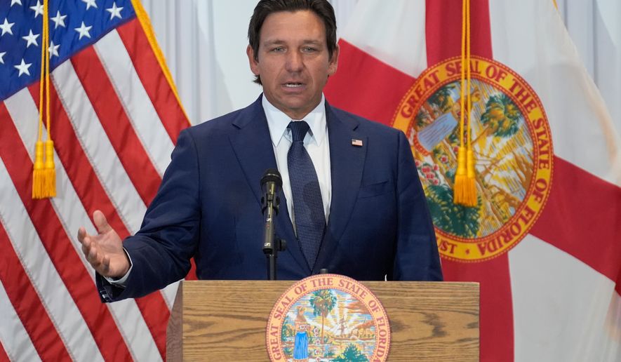 FILE - Florida Gov. Ron DeSantis speaks during a news conference Aug. 12, 2025, in Tampa, Fla. (AP Photo/Chris O'Meara, File)