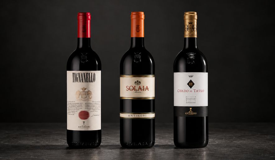This photo released Friday, Oct. 9, 2026, by the Marchesi Antinori winery shows, from left, bottles of 2023 Tignanello, Solaia and Guado al Tasso red wine, among some 10,000 bottles stolen by what investigators believe was a well-organized gang. The haul is worth around 5 million euros. (Marchesi Antinori via AP)