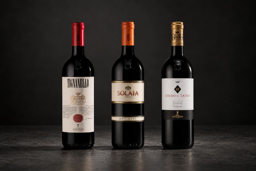 This photo released Friday, Oct. 9, 2026, by the Marchesi Antinori winery shows, from left, bottles of 2023 Tignanello, Solaia and Guado al Tasso red wine, among some 10,000 bottles stolen by what investigators believe was a well-organized gang. The haul is worth around 5 million euros. (Marchesi Antinori via AP)