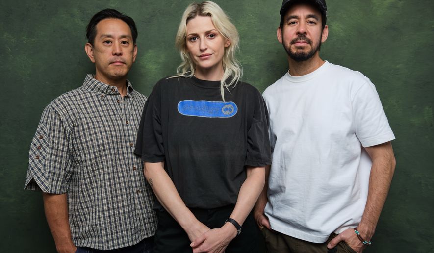 Joe Hahn, from left, Emily Armstrong, and Mike Shinoda of Linkin Park pose for a portrait on Friday, Sept. 25, 2026, in Los Angeles. (Photo by Birdie Thompson/Invision/AP)
