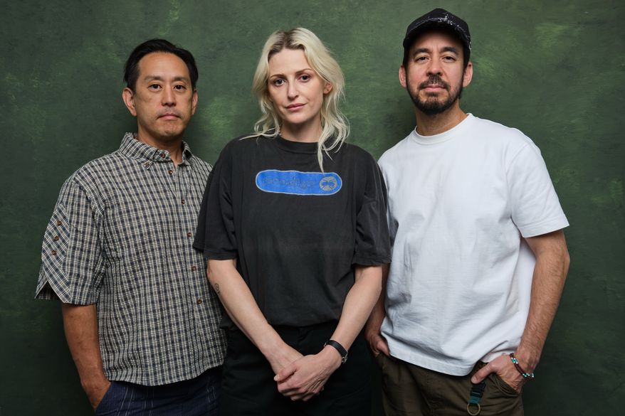 Joe Hahn, from left, Emily Armstrong, and Mike Shinoda of Linkin Park pose for a portrait on Friday, Sept. 25, 2026, in Los Angeles. (Photo by Birdie Thompson/Invision/AP)