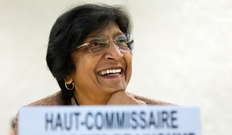 This file image shows U.N. human rights chief Navanethem Pillay before the opening of a session of the Human Rights Council at the European headquarters of the United Nations in Geneva, Switzerland, June 18, 2012. (Salvatore Di Nolfi/Keystone via AP, File)