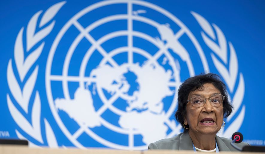 FILE - Navi Pillay, Chair, Commission of Inquiry on the Occupied Palestinian Territory, including East Jerusalem, and Israel, speaks during a press conference about the launch of the latest report of the Independent International Commission of Inquiry on the Occupied Palestinian Territory, including East Jerusalem, and Israel, at the European headquarters of the United Nations, in Geneva, Switzerland, June 18, 2025. (Martial Trezzini/Keystone via AP, File)
