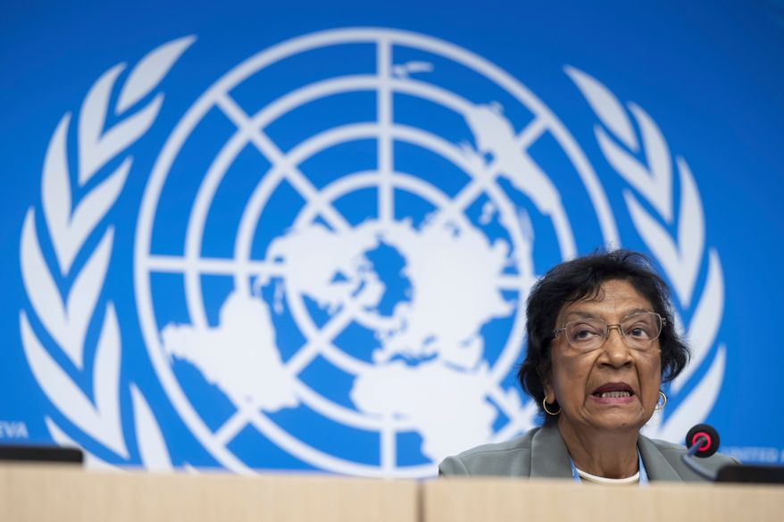 FILE - Navi Pillay, Chair, Commission of Inquiry on the Occupied Palestinian Territory, including East Jerusalem, and Israel, speaks during a press conference about the launch of the latest report of the Independent International Commission of Inquiry on the Occupied Palestinian Territory, including East Jerusalem, and Israel, at the European headquarters of the United Nations, in Geneva, Switzerland, June 18, 2025. (Martial Trezzini/Keystone via AP, File)
