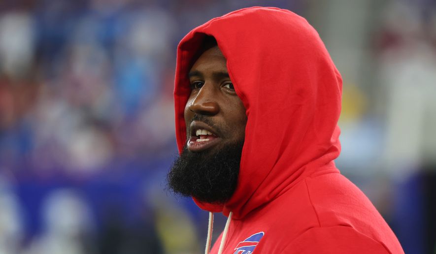 Buffalo Bills defensive tackle Ed Oliver watches from the sidelines against the Detroit Lions during the first half of an NFL football game in Orchard Park, N.Y., Thursday, Sept. 17, 2026. (AP Photo/Jeffrey T. Barnes )