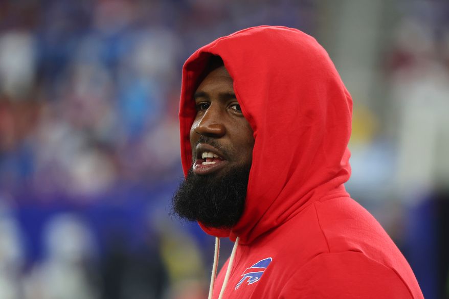 Buffalo Bills defensive tackle Ed Oliver watches from the sidelines against the Detroit Lions during the first half of an NFL football game in Orchard Park, N.Y., Thursday, Sept. 17, 2026. (AP Photo/Jeffrey T. Barnes )