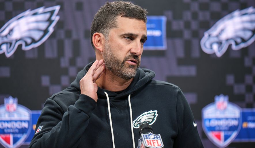 Philadelphia Eagles head coach Nick Sirianni attends a press conference after an NFL football game against Jacksonville Jaguars in London, Sunday, Oct. 11, 2026. (AP Photo/Alastair Grant)