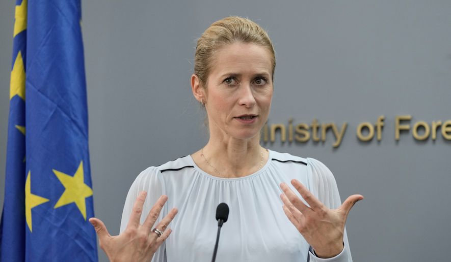 European Union foreign policy chief Kaja Kallas speaks during a joint news conference with Lebanese Foreign Minister Youssef Rajji in Beirut, Lebanon, Thursday, Oct. 8, 2026. (AP Photo/Bilal Hussein)