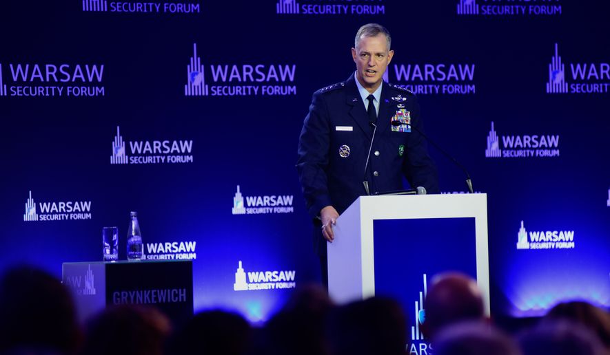 Air Force Gen. Alexus G. Grynkewich, commander of the United States European Command and Supreme Allied Commander Europe, speaks at the Warsaw Security Forum in Warsaw, Poland, Monday, Oct. 12, 2026. (AP Photo/Attila Husejnow)
