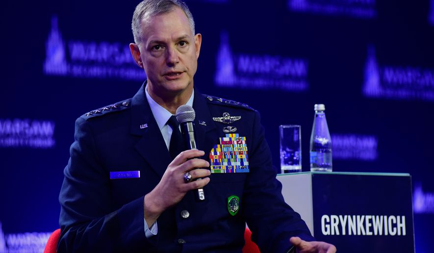 Air Force Gen. Alexus G. Grynkewich, commander of the United States European Command and Supreme Allied Commander Europe, speaks at the Warsaw Security Forum in Warsaw, Poland, Monday, Oct. 12, 2026. (AP Photo/Attila Husejnow)