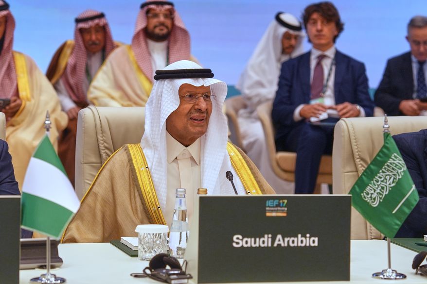 Saudi Energy Minister Prince Abdulaziz bin Salman chairs his delegations during the 17th Ministerial Meeting of the International Energy Forum (IEF), in Riyadh, Saudi Arabia, Sunday, Oct. 11, 2026. (AP Photo/Baraa Anwer)