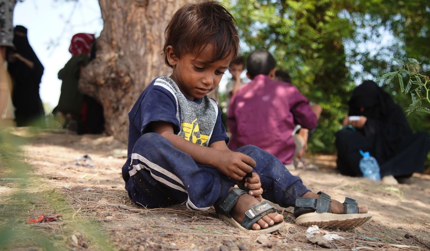 A displaced Yemeni child sits under a tree as families gather to receive aid at the Al-Fallahine displacement camp in Dar Saad district, Aden, Yemen, Monday, Oct. 12, 2026. (AP Photo/Abdulnasser Alseddik)