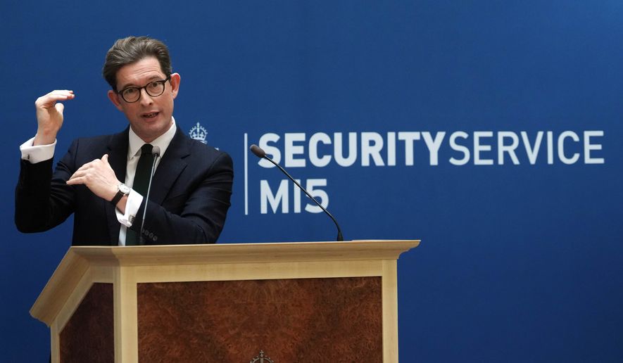 Director General of MI5 Ken McCallum speaks at Thames House, the headquarters of the UK's Security Service in London, Tuesday Oct. 13, 2026. (Jonathan Brady/PA via AP, Pool)