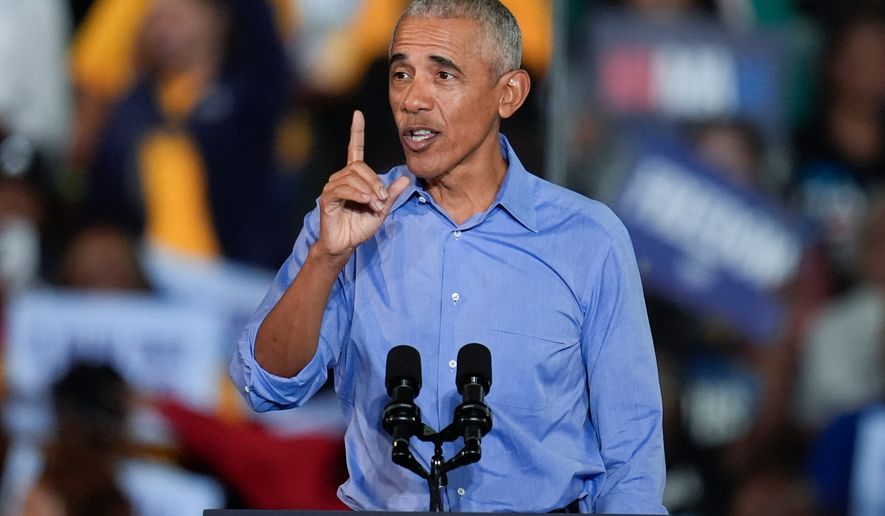 Former President Barack Obama speaks during a campaign rally, Oct. 24, 2024, in Clarkston, Ga. (AP Photo/Mike Stewart, File)