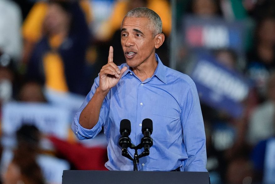 Former President Barack Obama speaks during a campaign rally, Oct. 24, 2024, in Clarkston, Ga. (AP Photo/Mike Stewart, File)
