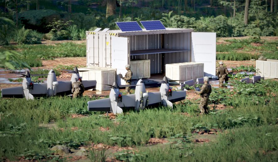 Four ready-to-fly autonomous Nomad 100 aircraft in a single 20-foot container, enabling rapid deployment and sustainment. (Rendering courtesy of Sikorsky, a Lockheed Martin company)
