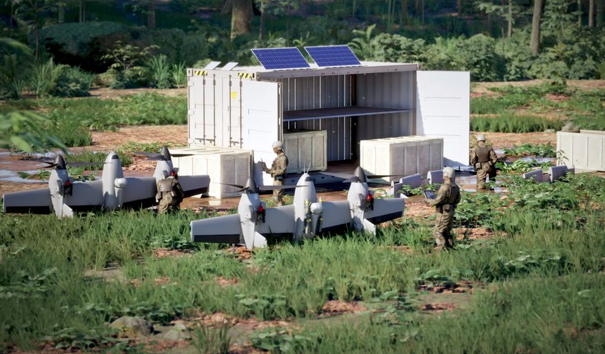 Four ready-to-fly autonomous Nomad 100 aircraft in a single 20-foot container, enabling rapid deployment and sustainment. (Rendering courtesy of Sikorsky, a Lockheed Martin company)