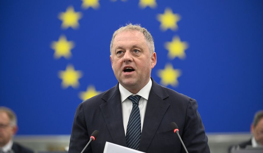 Irish Minister of State for European Affairs Thomas Byrne attends a joint debate ahead to the 15-16 October EU summit in Strasbourg, France, Tuesday, Oct. 6, 2026. (AP Photo/Pascal Bastien)
