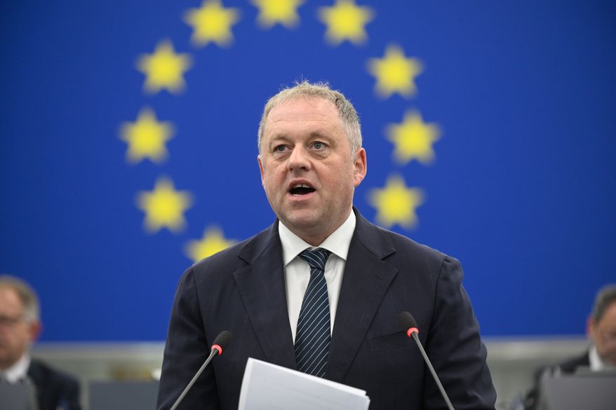 Irish Minister of State for European Affairs Thomas Byrne attends a joint debate ahead to the 15-16 October EU summit in Strasbourg, France, Tuesday, Oct. 6, 2026. (AP Photo/Pascal Bastien)
