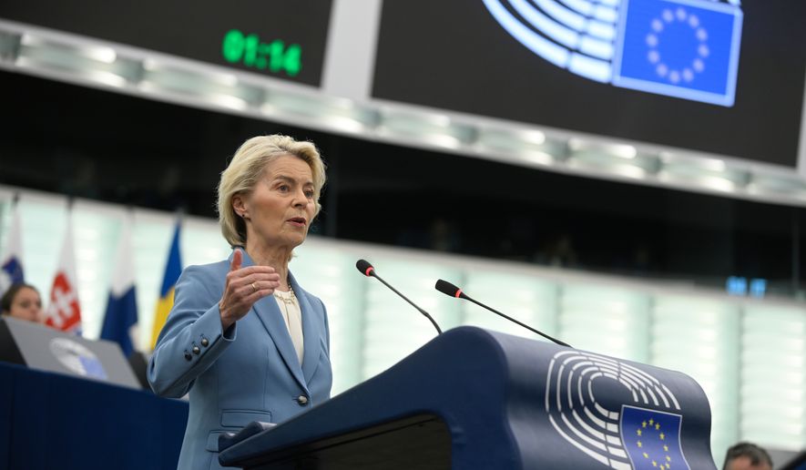 European Commission President Ursula von der Leyen attends a joint debate ahead to the 15-16 October EU summit in Strasbourg, France, Tuesday, Oct. 6, 2026. (AP Photo/Pascal Bastien)